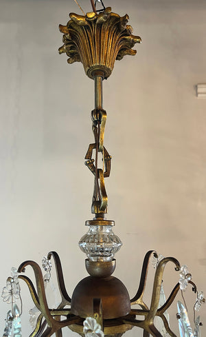 Grand 1920s Ten Light French Antique Brass and Crystal Chandelier