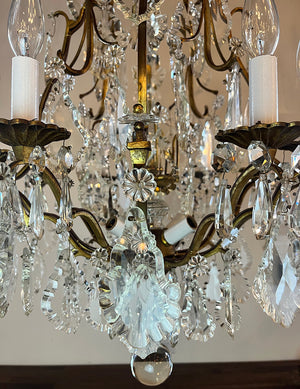 Grand 1920s Ten Light French Antique Brass and Crystal Chandelier