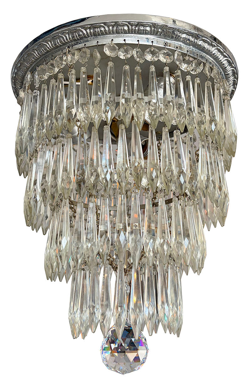 Antique Circa 1920 Nickel and Crystal Four Tiered Wedding Cake Flush Mount