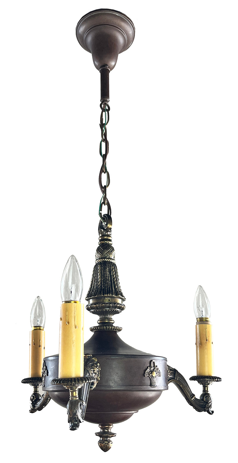 Antique Circa 1920 Three Light Empire Cast Arm Fixture with Tassel and Urn Motif