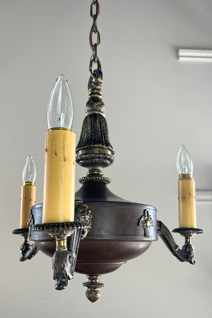 Antique Circa 1920 Three Light Empire Cast Arm Fixture with Tassel and Urn Motif