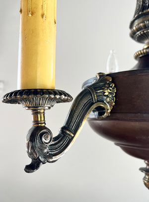 Antique Circa 1920 Three Light Empire Cast Arm Fixture with Tassel and Urn Motif