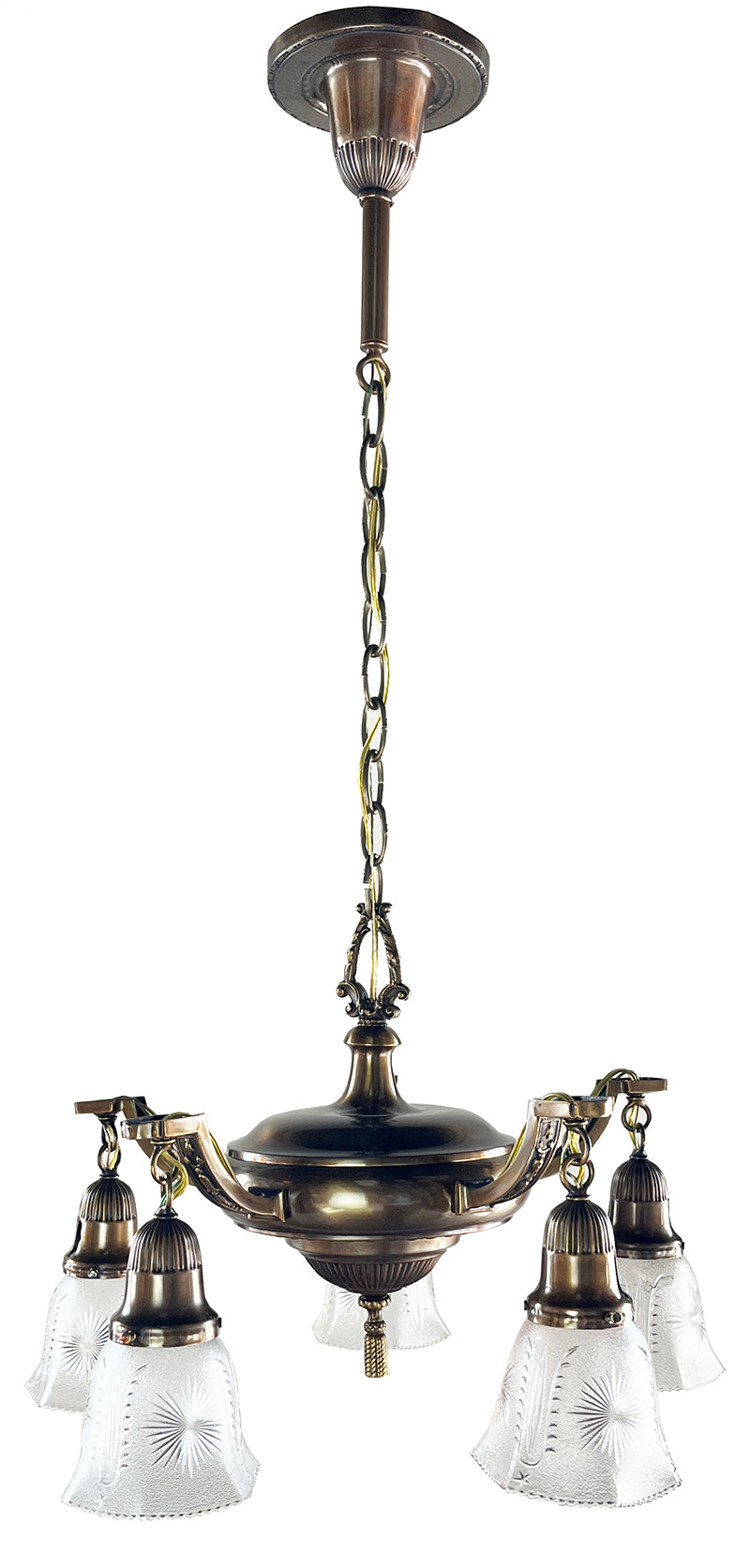 Antique Circa 1915 Five Light Embossed Neo Classical Pan with Original Pressed Glass Star Patterned Shades