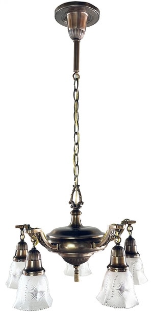 Antique Circa 1915 Five Light Embossed Neo Classical Pan with Original Pressed Glass Star Patterned Shades