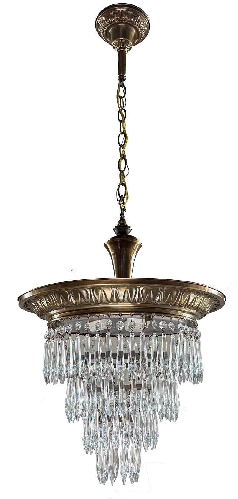 Antique 1920s Empire Brass and Crystal Wedding Cake Chandelier