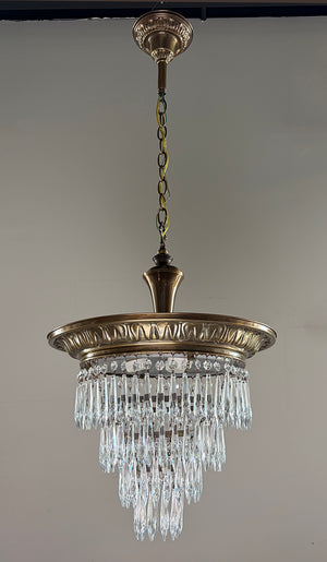 Antique 1920s Empire Brass and Crystal Wedding Cake Chandelier