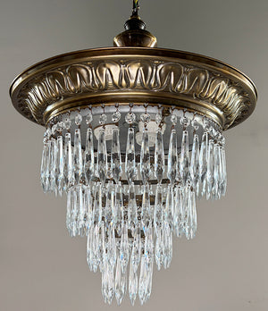 Antique 1920s Empire Brass and Crystal Wedding Cake Chandelier