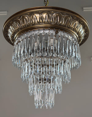 Antique 1920s Empire Brass and Crystal Wedding Cake Chandelier