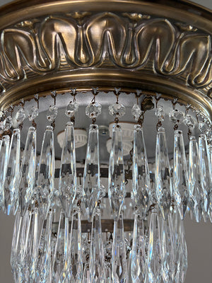 Antique 1920s Empire Brass and Crystal Wedding Cake Chandelier