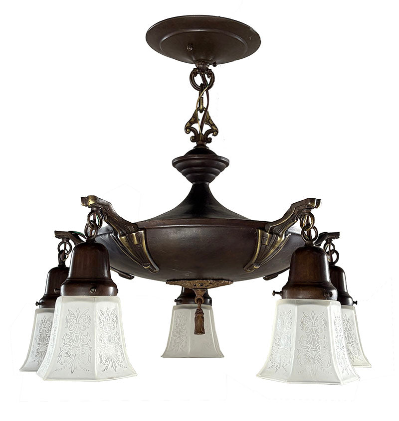 Antique Circa 1920 Five Light Flush Mount Pan with Antique Six Sided Etched Shades
