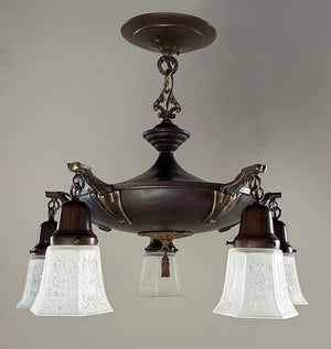 Antique Circa 1920 Five Light Flush Mount Pan with Antique Six Sided Etched Shades