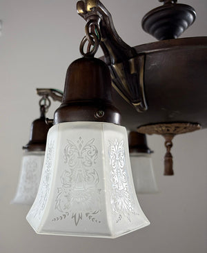 Antique Circa 1920 Five Light Flush Mount Pan with Antique Six Sided Etched Shades