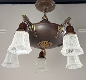 Antique Circa 1920 Five Light Flush Mount Pan with Antique Six Sided Etched Shades