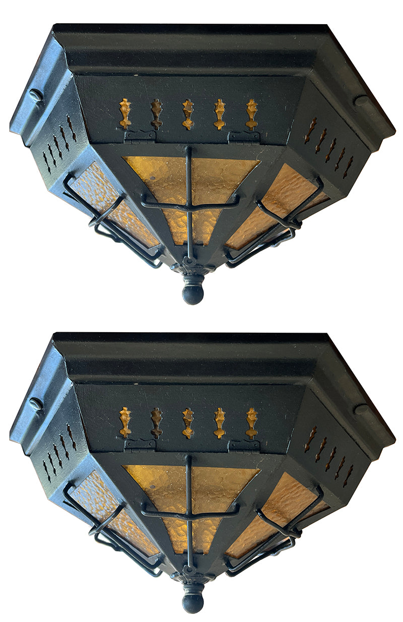 $1100 PAIR - Antique Circa 1920 Art and Crafts - Spanish Revival Six Sided Flush Mounts with Amber Glass