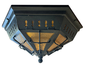 $1100 PAIR - Antique Circa 1920 Art and Crafts - Spanish Revival Six Sided Flush Mounts with Amber Glass