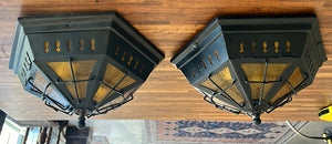 $1100 PAIR - Antique Circa 1920 Art and Crafts - Spanish Revival Six Sided Flush Mounts with Amber Glass