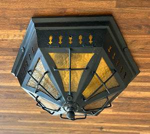$1100 PAIR - Antique Circa 1920 Art and Crafts - Spanish Revival Six Sided Flush Mounts with Amber Glass