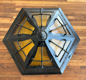 $1100 PAIR - Antique Circa 1920 Art and Crafts - Spanish Revival Six Sided Flush Mounts with Amber Glass