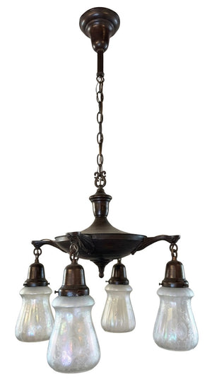 Antique Circa 1920 Four Light Cast Acanthus Arm Pan Light with Antique Etched Iridescent Shades