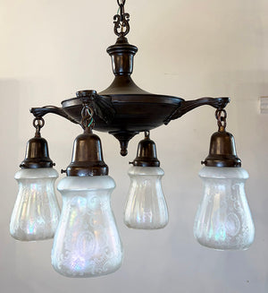Antique Circa 1920 Four Light Cast Acanthus Arm Pan Light with Antique Etched Iridescent Shades