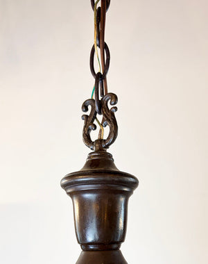 Antique Circa 1920 Four Light Cast Acanthus Arm Pan Light with Antique Etched Iridescent Shades