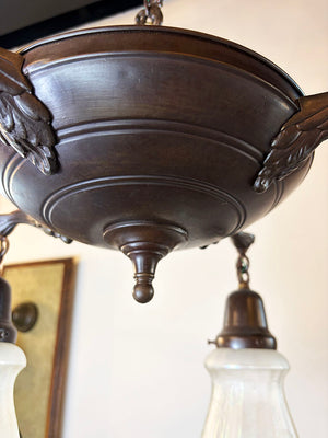 Antique Circa 1920 Four Light Cast Acanthus Arm Pan Light with Antique Etched Iridescent Shades