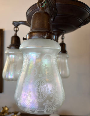 Antique Circa 1920 Four Light Cast Acanthus Arm Pan Light with Antique Etched Iridescent Shades