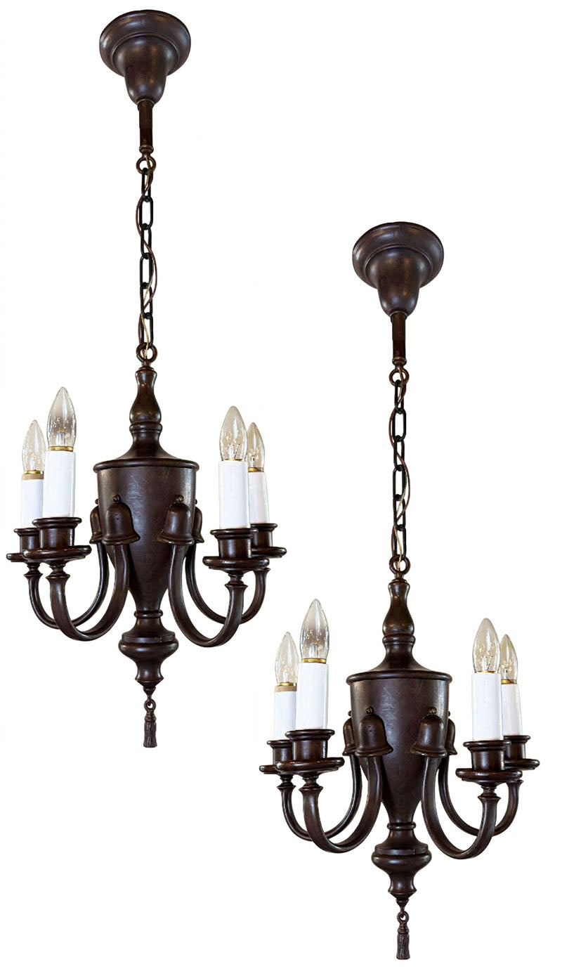 $1800 PAIR - Circa 1910-1915 Georgian Revival Edwardian Five Light Chandeliers with Urn Center Body