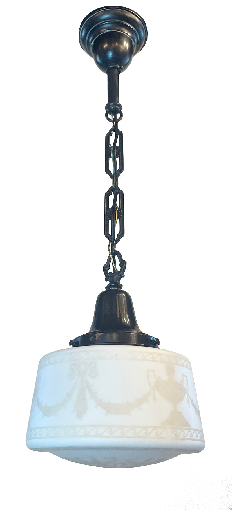 Antique Circa 1910 Edwardian Pendant with Etched Urn and Garland Shade