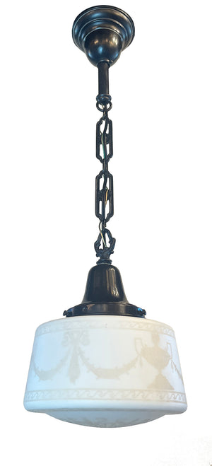 Antique Circa 1910 Edwardian Pendant with Etched Urn and Garland Shade