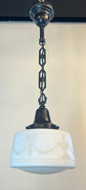 Antique Circa 1910 Edwardian Pendant with Etched Urn and Garland Shade