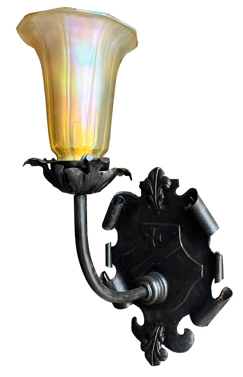 Antique Circa 1920 Tudor Revival Embossed and Scroll Shield Back Wall Sconce with Gold Aurene Art Glass Shade