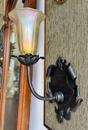 Antique Circa 1920 Tudor Revival Embossed and Scroll Shield Back Wall Sconce with Gold Aurene Art Glass Shade