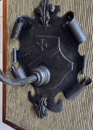Antique Circa 1920 Tudor Revival Embossed and Scroll Shield Back Wall Sconce with Gold Aurene Art Glass Shade