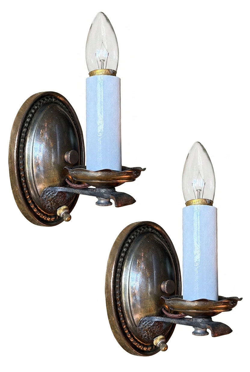$500 PAIR - Antique Circa 1920 Oval Back Wall Sconces with Cast Arm