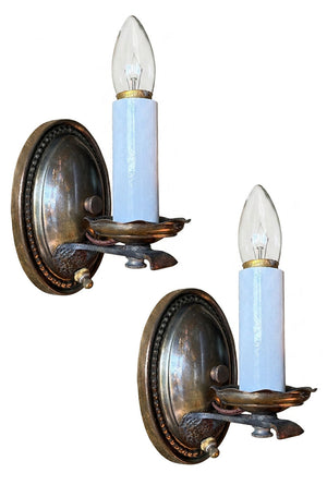 $500 PAIR - Antique Circa 1920 Oval Back Wall Sconces with Cast Arm