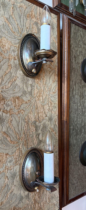 $500 PAIR - Antique Circa 1920 Oval Back Wall Sconces with Cast Arm