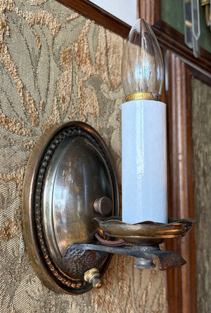 $500 PAIR - Antique Circa 1920 Oval Back Wall Sconces with Cast Arm
