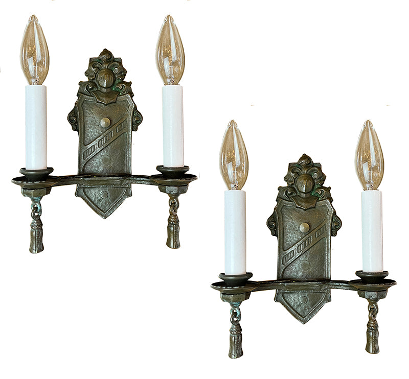 $600 PAIR - Antique Circa 1920 Cast Tudor Revival Double Light Wall Sconces