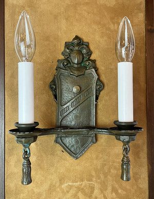 $600 PAIR - Antique Circa 1920 Cast Tudor Revival Double Light Wall Sconces