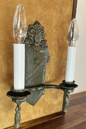 $600 PAIR - Antique Circa 1920 Cast Tudor Revival Double Light Wall Sconces
