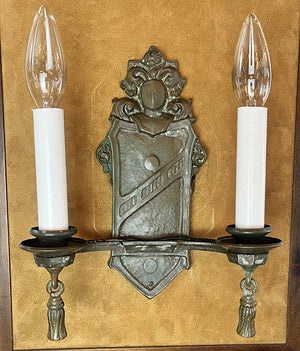 $600 PAIR - Antique Circa 1920 Cast Tudor Revival Double Light Wall Sconces