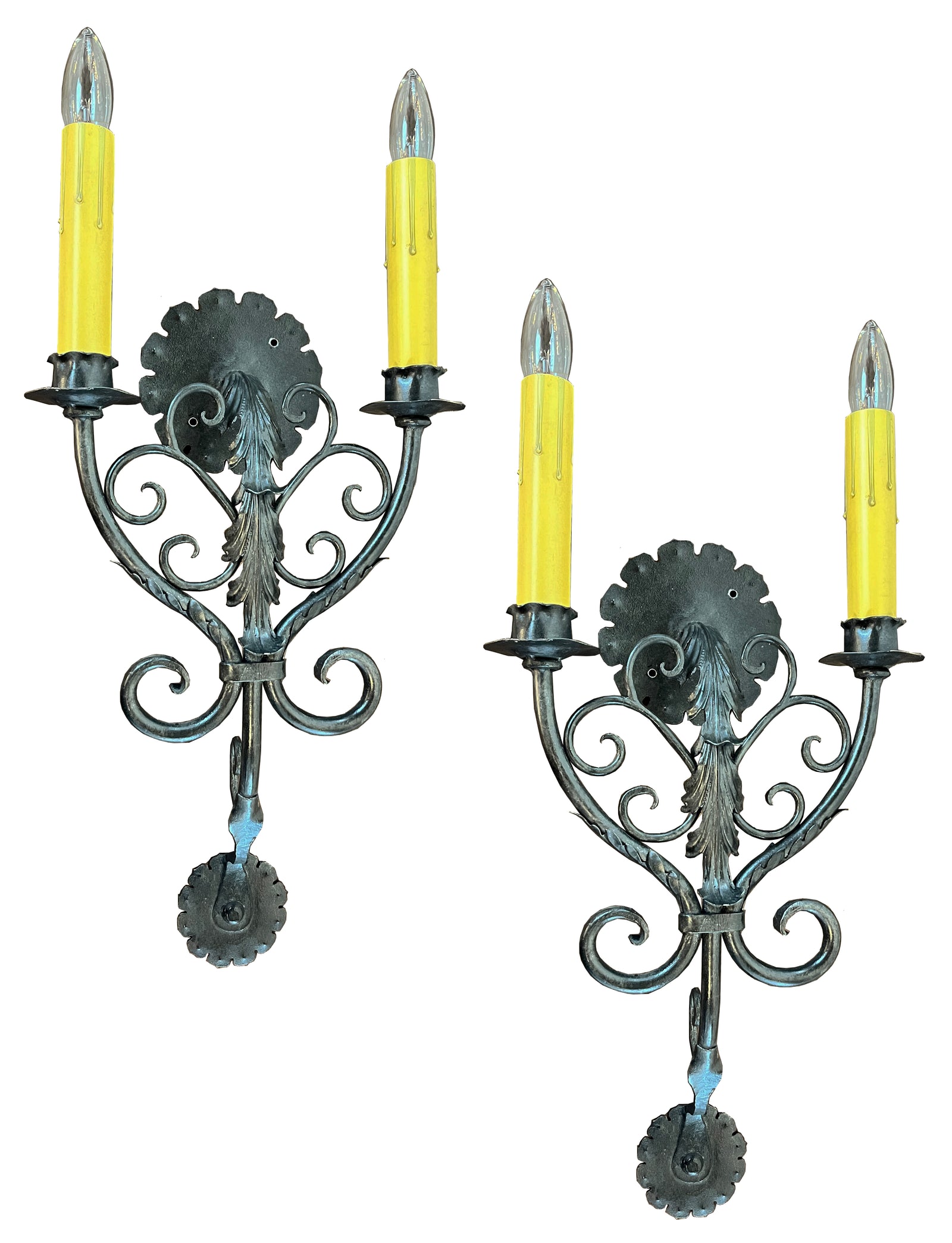 $1400 PAIR - 5 PAIRS AVAILABLE -  Incredible Antique 1910 Era 27" Tall Wrought Iron Candelabra Sconces