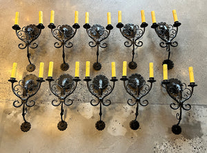 $1400 PAIR - 5 PAIRS AVAILABLE -  Incredible Antique 1910 Era 27" Tall Wrought Iron Candelabra Sconces