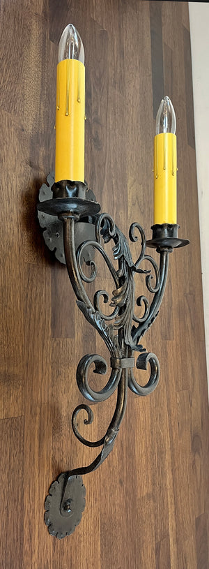 $1400 PAIR - 5 PAIRS AVAILABLE -  Incredible Antique 1910 Era 27" Tall Wrought Iron Candelabra Sconces