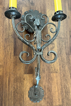 $1400 PAIR - 5 PAIRS AVAILABLE -  Incredible Antique 1910 Era 27" Tall Wrought Iron Candelabra Sconces