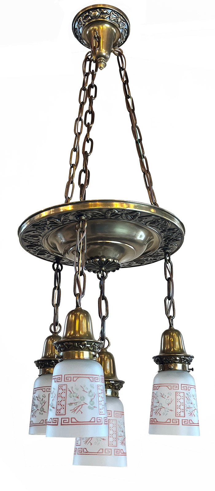 Antique Circa 1920 Four Light Cascade with Embossed Wreath and Ribbon Center Pan and Antique Etched Asian Patterned Shades