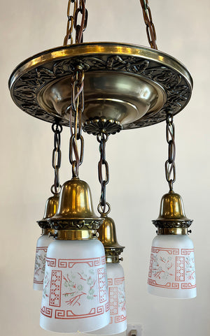 Antique Circa 1920 Four Light Cascade with Embossed Wreath and Ribbon Center Pan and Antique Etched Asian Patterned Shades