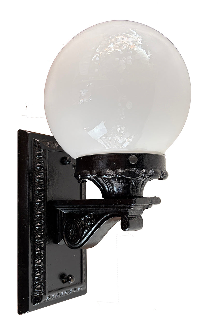 Antique Circa 1920 Cast Iron Exterior Light with Opal Ball Shade