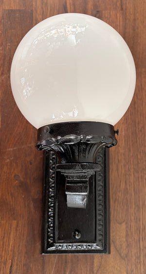 Antique Circa 1920 Cast Iron Exterior Light with Opal Ball Shade